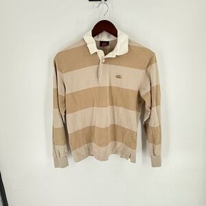 Vintage Canterbury Rugby Polo Shirt Beige Stripe Long Sleeve Cotton Size XS